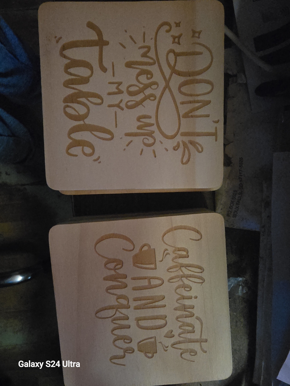 Wood Engraved Coasters Set - 'Caffeinate & Conquer' and 'Don't Worry'